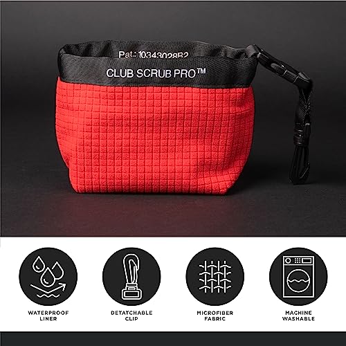 Club Scrub Golf Club and Golf Ball Cleaning Bag, Waterproof Clean Face Technology Liner, Detachable Clip, Machine Washable, Cleans Club Grooves, Dry Exterior (Neoprene or Microfiber Option Available) - color: Red, style: Microfiber Pro