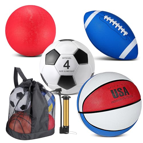 Deekin 4 Pcs Sport Balls Set for Kids Teens, Include Official Size Basketball Soccer Football Playground Ball and Pump Sports Equipment Bag Sports Gift(Bright Color)