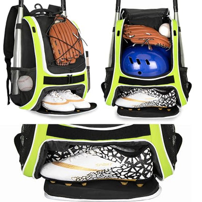 WOLT Youth Baseball Bag - Bat Backpack for Baseball, T-Ball & Softball Equipment & Gear, Bat & Glove Holder, Large Main Compartment for Helmet & accessories, Separate Shoes Compartment, Fence Hook - color: Green