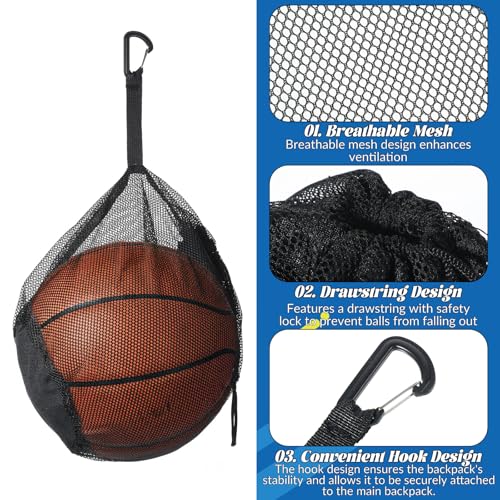 Single Ball Bags Mesh with Double Hook, Ball Storage Bag, Mesh Storage Bags with Zipper Pocket, Drawstring Sling Backpack for Soccer Basketball Football Volleyball