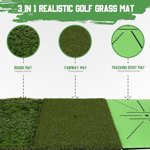 Golf Hitting Mat Training System, 3-in-1 Training Mats for Swing Path Feedback, Fairway, Rough Mats with No-Slip Heavy-Duty Rubber Base, 16"x12" Golf Practice Mat for Golfers, Beginners & Pros