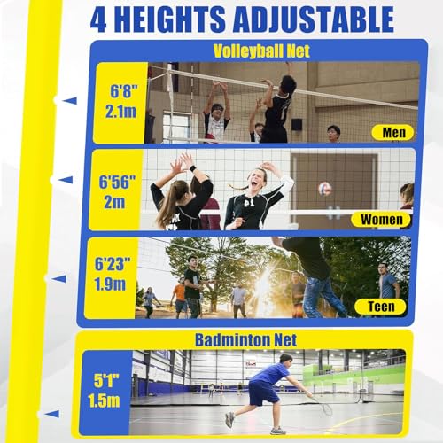 Adjustable Volleyball Poles with Net - Heavy Duty Indoor & Outdoor, 4 Heights (5ft-6.8ft) for Backyard Fun, Perfect for Adults & Kids, Durable Banton Net Set