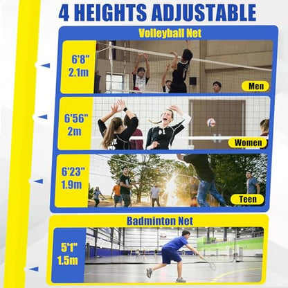 Adjustable Volleyball Poles with Net - Heavy Duty Indoor & Outdoor, 4 Heights (5ft-6.8ft) for Backyard Fun, Perfect for Adults & Kids, Durable Banton Net Set