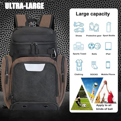 LARIPOP Basketball Backpack with Ball & Ventilated Shoe Compartment Insulated Pockets for Men Youth Training - color: brown
