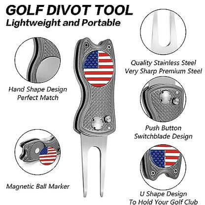 FINGER TEN Golf Divot Repair Tool and Ball Marker Switchblade Value Pack, Foldable Magnetic Stainless Steel with Pop-up Button for Men Women - color: Gray