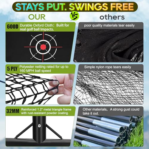 10x7ft Golf Hitting Practice Net for Real Golf Balls, Heavy Duty Driving Training Cage with Reinforced 7-Layer Mesh & Mat, Portable Backyard Net for Indoor Outdoor to Improve Your Swing