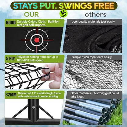 10x7ft Golf Hitting Practice Net for Real Golf Balls, Heavy Duty Driving Training Cage with Reinforced 7-Layer Mesh & Mat, Portable Backyard Net for Indoor Outdoor to Improve Your Swing