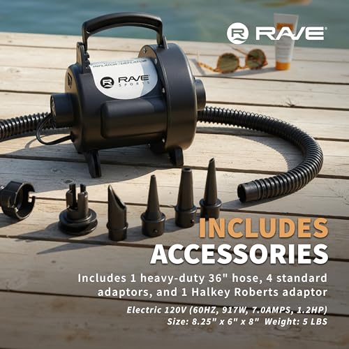 Rave Sports Electric Air Pump – Portable High Speed Inflator/Deflator for Inflatables, Water Slides, Air Mattresses & Pool Toys with 5 Adaptors
