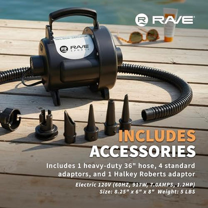 Rave Sports Electric Air Pump – Portable High Speed Inflator/Deflator for Inflatables, Water Slides, Air Mattresses & Pool Toys with 5 Adaptors