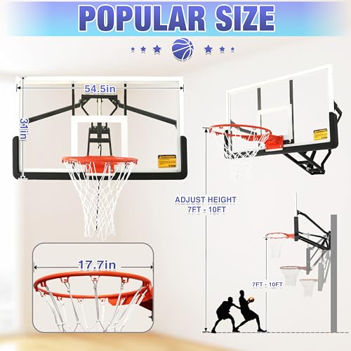 54.5" Wall Mounted Basketball Hoop ，Shatterproof PC Backboard Basketball Goal with Adjustable Height for Garage, Indoor & Outdoor Use