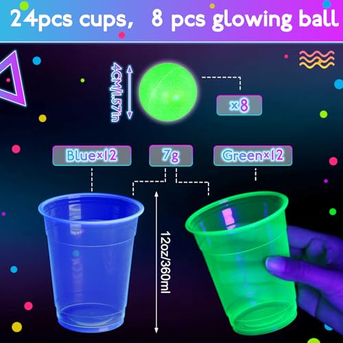 32 Pcs Glow in The Dark Party Table Tennis Game Set Include 24 Pcs Glowing Plastic Cups and 8 Balls for Indoor Outdoor Party Event Birthdays Weddings BBQ Parties - color: Blue and Green