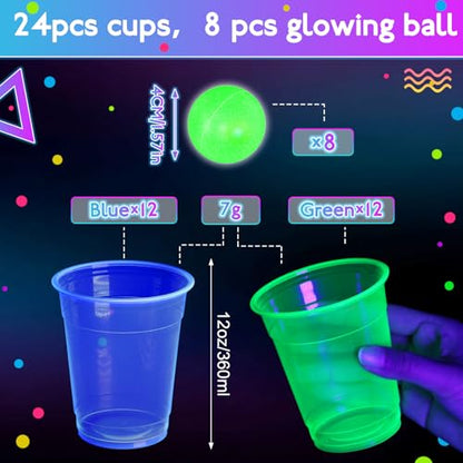 32 Pcs Glow in The Dark Party Table Tennis Game Set Include 24 Pcs Glowing Plastic Cups and 8 Balls for Indoor Outdoor Party Event Birthdays Weddings BBQ Parties - color: Blue and Green