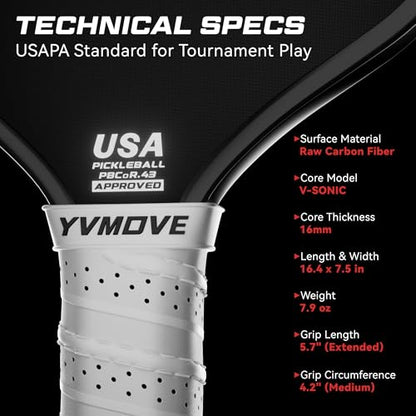Pickleball Paddles | Raw Carbon Fiber | Effortless Power & Anti-Break Handle | Anti-Shock Core 16mm | for Beginners & Intermediates & Family Games | USAPA Approved
