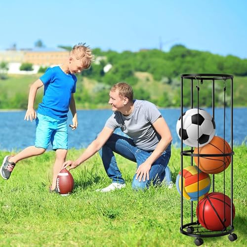 RunNico Columnar Vertical Ball Racks- 40x13.2 Inch Rolling Basketball Holder Wall Mount-Garage Sports Ball Storage for Indoor Rooms and Gyms