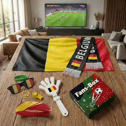 Soccer Fan Gear Set 2026-7 Piece Game Day Kit with Flag, Scarf, Glasses, Whistle, Clapper, Wristband & Headband in Gift Box - Watch Party & Stadium Essentials for for Belgium - color: Belgium