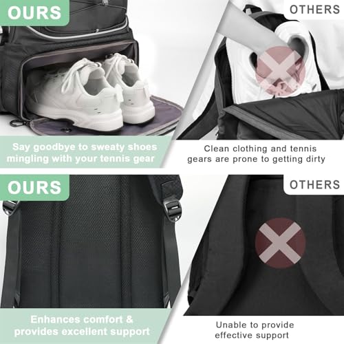 Arcoyard Tennis Bag Holds 2 Rackets, Professional Tennis Bags for Women, Tennis Backpack with Ventilated Shoe Compartment - color: Black