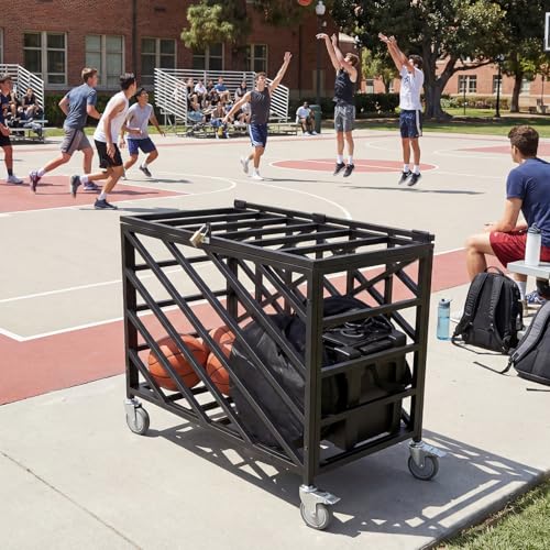 Basketball Storage Bin with Wheels Rolling Exercise Ball Holder with Lockable Lid for Volleyball Gym Recess Soccer Playground
