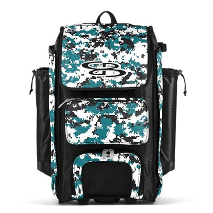 Boombah Catchers Superpack Hybrid Rolling Digital Camo Bat Bag - Multiple Colors - Wheeled & Backpack Version - color: Black/Teal