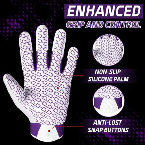 HANDLANDY Youth Football Gloves, Kids Sticky Receiver Gloves,Super Grip Football Glove Best Gift for Boys,Girls - color: White and Purple, size: X-Small-Youth