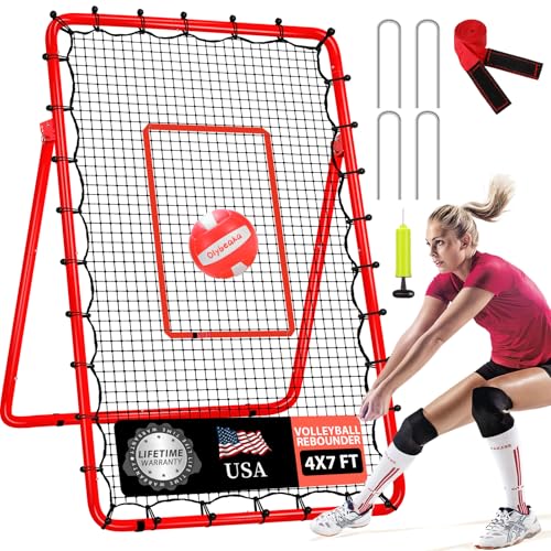 6-Angle Adjustable Volleyball Rebounder Net 7x4ft, High Stable Bounce Back Training Equipment for Practicing Volleying Bumping Spiking with High-Tension Net, PU Volleyball and Pump, Stakes - color: Red