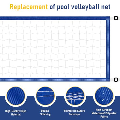 Pool Volleyball Net Replacement, Heavy Duty PE Net with Adjustable Length 15-30 FT, Waterproof Oxford Border for Outdoor In-Ground & Above Ground Pools, Includes Carabiners & Storage Bag
