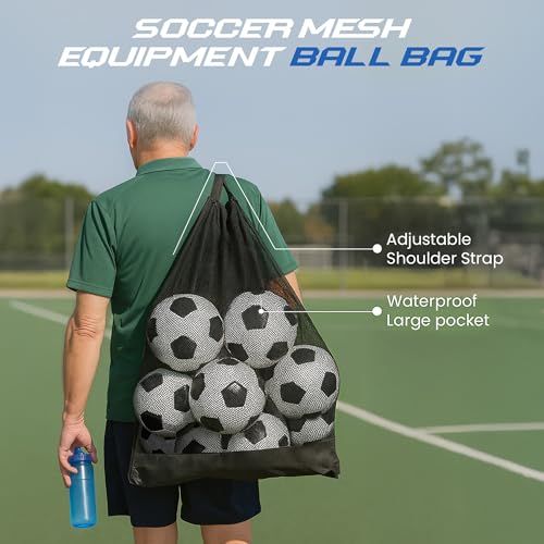 Heavy Duty Mesh Sports Equipment Bag, Large Capacity Ball Storage with Adjustable Shoulder Strap, Waterproof Pocket, Black