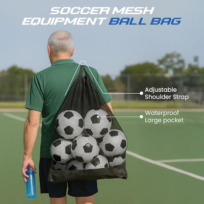 Heavy Duty Mesh Sports Equipment Bag, Large Capacity Ball Storage with Adjustable Shoulder Strap, Waterproof Pocket, Black