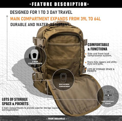 Miramrax Tactical Backpack Military Hiking Daypack - Molle Backpack for Men 3 Day Assault Pack Bug Out Bag for Camping Travel Army Hunting Gym Rucksack Survival (Coyote) - color: Coyote