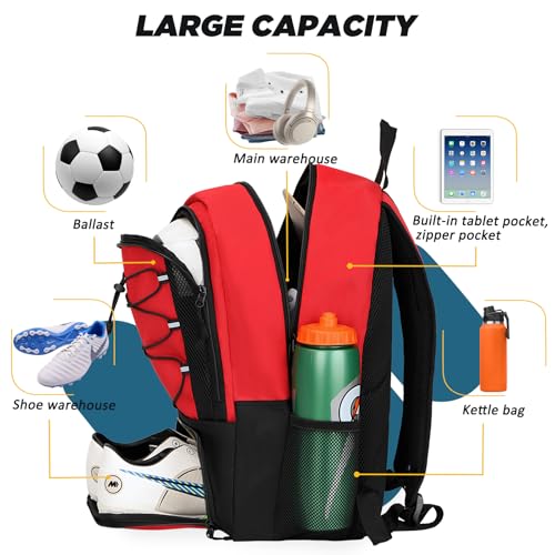 Goloni Soccer Bag, Basketball Bag with Ball Compartment & Shoe Compartment,Large Soccer Backpack for Basketball,Gym，Football - color: Red