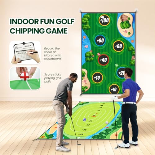 Golf Chipping Game Mat Double Sided,40 pcs Golf Game Set with 6×5 FT Golf Practice Mat,Outdoor Indoor Hitting Games for Adults & Kids,Home Backyard Garage Game, for Family Gatherings