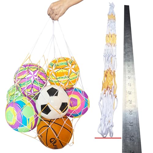 Extra Large Ball Storage Mesh Bag Net for Kids Sports Basketball Football Holding Soccer Volleyball Playground Balls Carrying, Heavy Duty Nylon, 31" Inches Long, Yellow and White