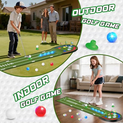 TERRAMUS Upgraded Golf Putting Mat for Kids, 7.8 Ft Putting Green with LED Light up Holes, Glowing Balls, 2 Clubs, Toy Golf Game Set, Golfing Mats Indoor Outdoor, Sport Golf Gift for Kids Teens Family