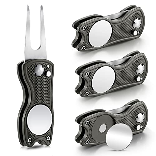 Skylety 4 Pcs Golf Divot Repair Tool Metal Foldable Golf Divot Tool with Magnetic Pop-up Button Ball Marker Stainless Steel Switchblade for Golfers Prizes - color: Gray