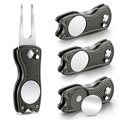 Skylety 4 Pcs Golf Divot Repair Tool Metal Foldable Golf Divot Tool with Magnetic Pop-up Button Ball Marker Stainless Steel Switchblade for Golfers Prizes - color: Gray