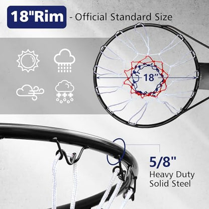 Basketball Rim Replacement Standard 18" Steel Rim Wall Mounted Basketball Goal Hoop with Net for Indoor Outdoor - color: Black