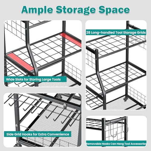 EVERHANGER Garden Tool Organizer Stand, Garage Tool Storage Organization, Yard Tool Racks with lockable wheels, Fit for Long-Handled Tools/Rakes/Brooms, Indoor/Outdoor Use - size: Medium