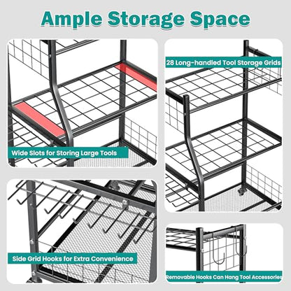 EVERHANGER Garden Tool Organizer Stand, Garage Tool Storage Organization, Yard Tool Racks with lockable wheels, Fit for Long-Handled Tools/Rakes/Brooms, Indoor/Outdoor Use - size: Medium