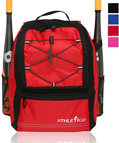 Athletico Youth Baseball Bag - Bat Backpack for Baseball, T-Ball & Softball Equipment & Gear | Holds Bat, Helmet, Glove | Fence Hook - color: Red