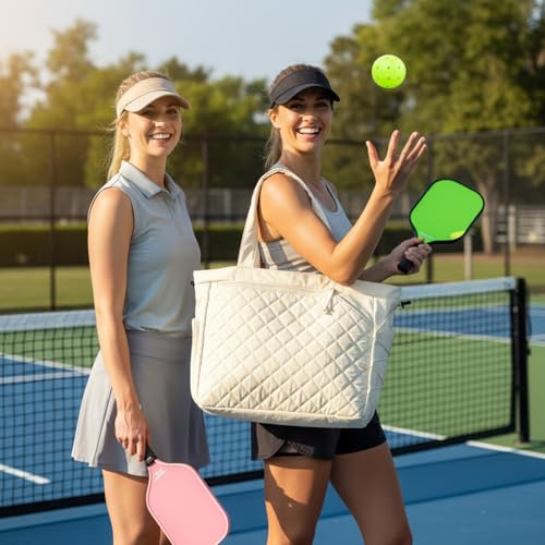 Pickleball Bag Fits 2 to 6 Paddles, Quilted Pickle ball Tote Bags for Women and Men with Shoe Compartment and Fence Hook, Great Pickleball Gifts - color: Beige