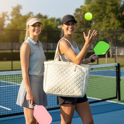 Pickleball Bag Fits 2 to 6 Paddles, Quilted Pickle ball Tote Bags for Women and Men with Shoe Compartment and Fence Hook, Great Pickleball Gifts - color: Beige