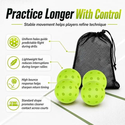 4 Pack of Outdoor/Indoor Pickleball Balls | Crack-Resistant 40 Holes Outdoor Pickleball Balls with Storage Bag | Perfectly Balanced High Bounce - Pickle Ball for Training & Tournament Play (Green)