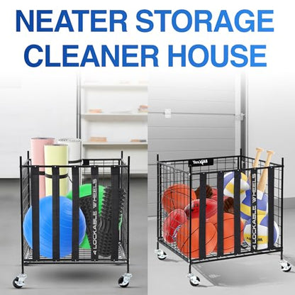YES4ALL Rolling Ball Cart Storage with Lockable Wheels Volleyball Basketball Holder, Toy Balls Bin, Garage Cage, Storage Racks, Sports Equipment Organizer, Ball Rack for Outdoor Indoor Use
