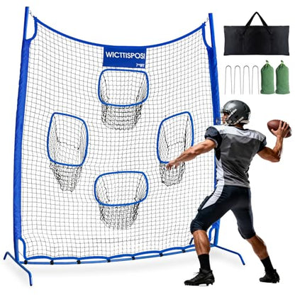 Football Throwing Net, Upgrade Heavy Duty Metal Frame Quarterback Training Equipment Throwing Machine with 1-4 Targets, Easy Setup Football Target Practice with CarryBag, Allweather Indoor Outdoor Use - size: 7 FT × 8 FT