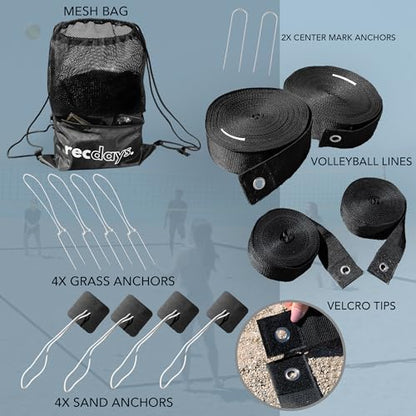 Recdays Volleyball Lines: Premium 2-in-1 Grass Volleyball & Beach Volleyball Lines, 2" Volleyball Court Lines with Anchors & Stakes, Durable Drawstring Mesh Bag, AVP Official Court Size 26’3” x 52’6”