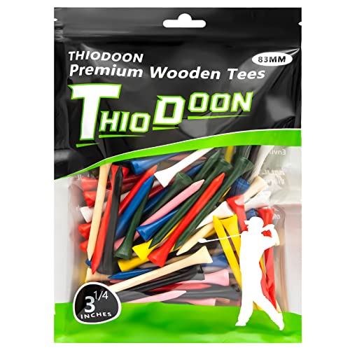 THIODOON Golf Tees Professional Natural Wood Golf Tees Pack of 100, Golfing Tees Multiple Colors Size 3-1/4 inch, 2-3/4 inch or 2-1/8 inch, Tall Golf Tees Bulk Reduce Side Spin and Friction - color: Mixed Color 3-1/4 Inch 83mm
