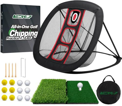 Golf Chipping Net Set with Mat & 12 Practice Balls – All-in-One Golf Training Kit – Portable, Easy Setup for Backyard & Indoor Use – Great Gift for Golfers and Beginners