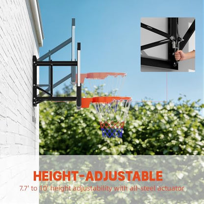 Adjustable Wall Mounted Basketball Hoop – 48 Inch Shatterproof PC Backboard, 8-10 FT Height, 18 Inch Sturdy Steel Rim, Indoor & Outdoor Basketball Goal for Home, Garage, or Gym