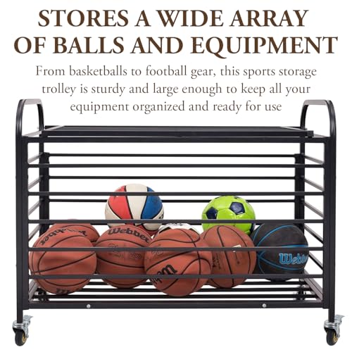 MyGift Professional Black Metal Rolling Sports Ball Storage Cart with Lid