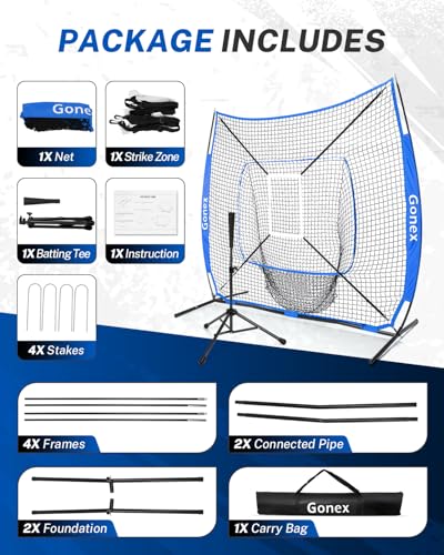 Gonex 7' x 7' Baseball Softball Practice Net Set with Batting Tee for Hitting and Pitching Batting, Practice Training Aid, with Strike Zone, Large Mouth, Bow Frame, Carrying Bag - style: Royal Net w Black Tee