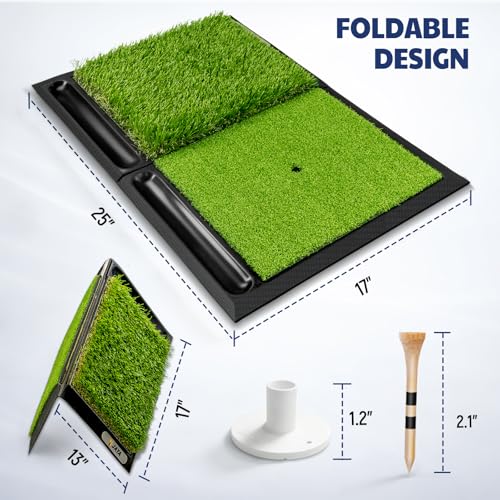 JAYA Golf Hitting Mat with Heavy Rubber Base, Foldable Golf Practice Mat for Indoor & Outdoor Training, Dual Turf Fairway & Rough Grass Mat for Swing, Chipping and Driving Practice - size: 25" x 17"